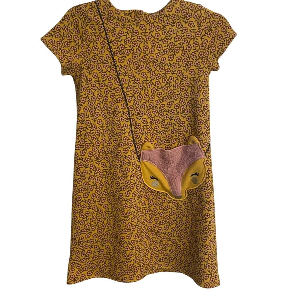 French Designer Girls' Mustard Floral Casual Dress with Fox Pocket Accent